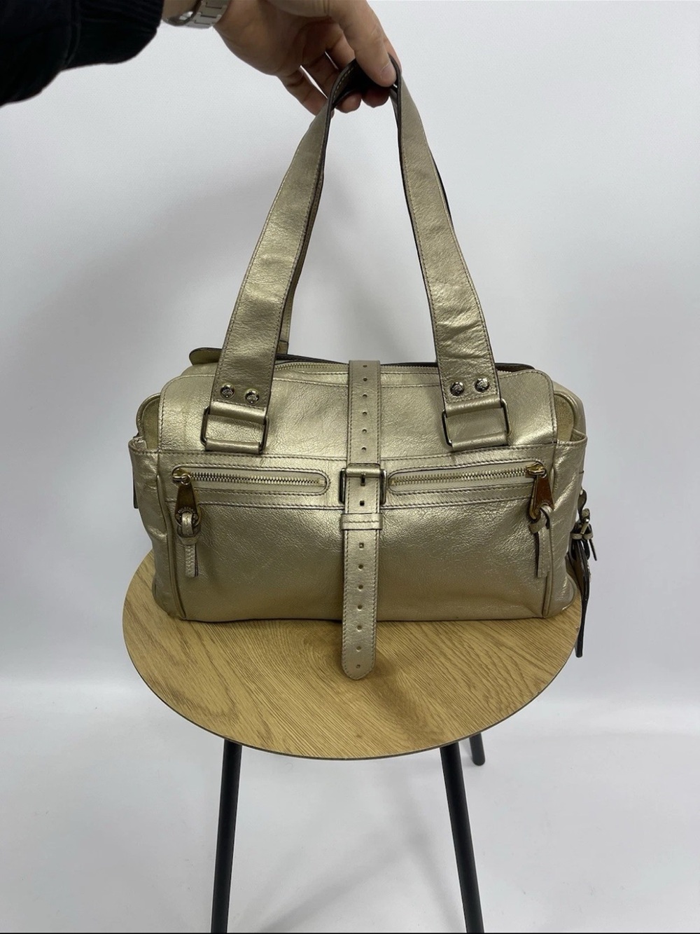 Mulberry Metallic Gold Leather Shoulder Satchel with Front Zip Pockets